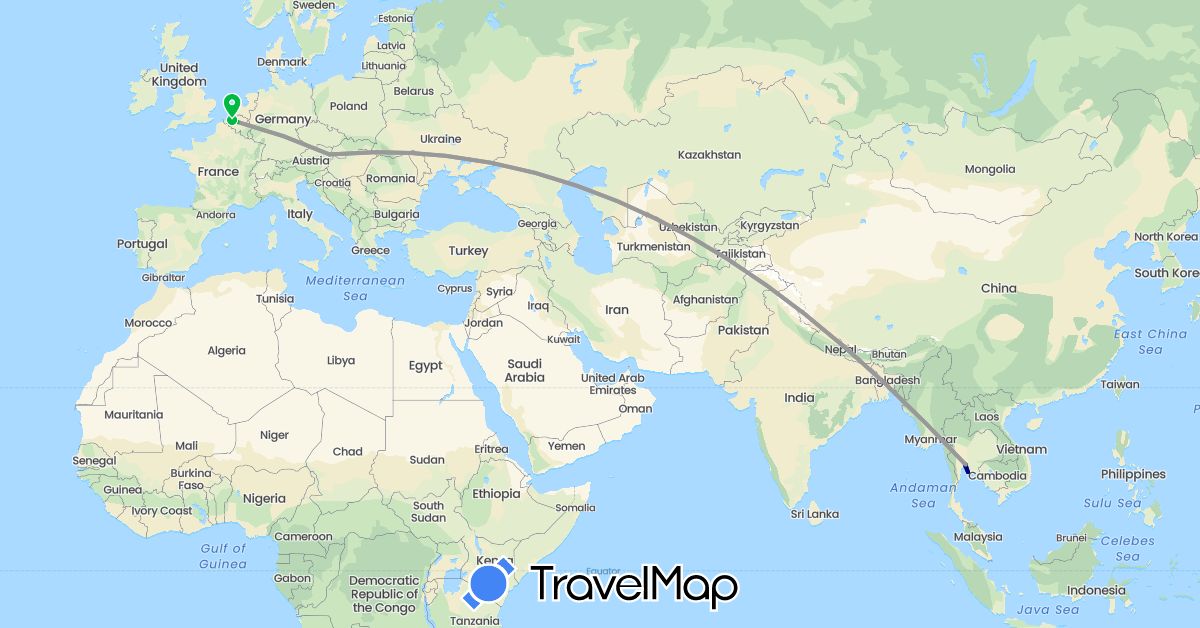 TravelMap itinerary: driving, bus, plane in Austria, Belgium, Thailand (Asia, Europe)