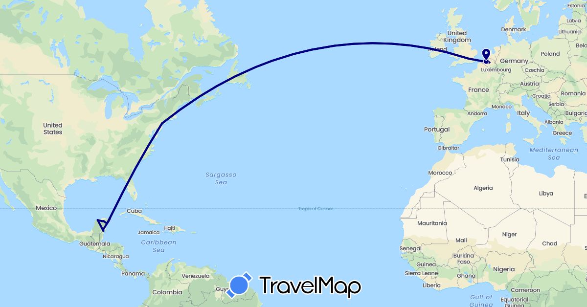 TravelMap itinerary: driving in Belgium, United Kingdom, Mexico, United States (Europe, North America)
